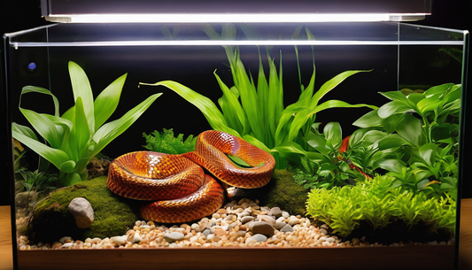 Corn snake in a well-planted terrarium with pebbles, lighting, and greenery, illustrating ideal habitat setup for beginner care.