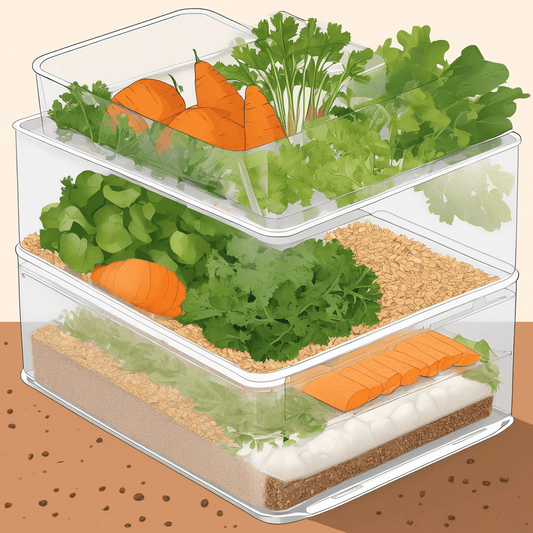 Stacked containers with fresh vegetables, oatmeal, and a substrate for superworm care, illustrating a well-rounded diet and habitat setup.
