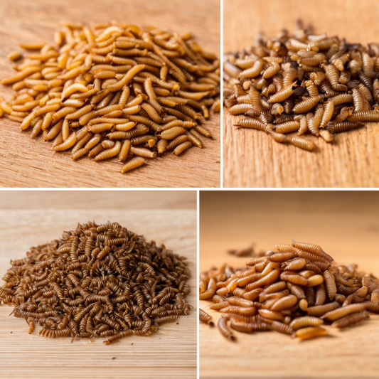 Close-up of mealworms and superworms on wooden surfaces, highlighting texture and color differences for pet feeding comparison.