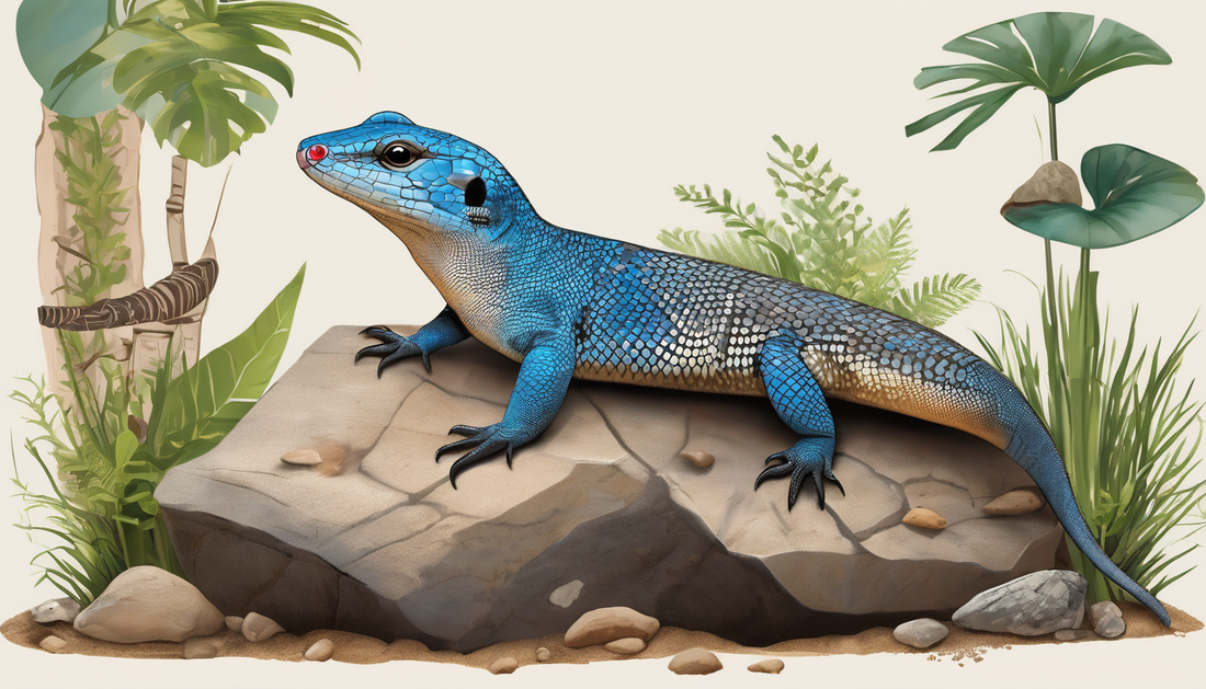 Illustration of a Northern Blue Tongue Skink on a rock surrounded by tropical plants, highlighting its habitat and vibrant blue scales.