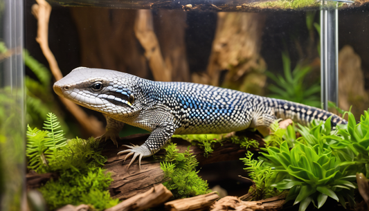 Northern Blue Tongue Skink on a log in a terrarium, surrounded by greenery, showcasing its habitat setup for proper care.