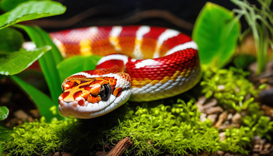 Corn snake in a terrarium with vibrant red and orange scales, surrounded by lush green plants and moss, illustrating ideal habitat conditions.