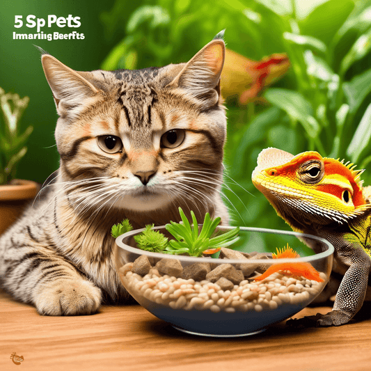 A cat and a colorful lizard sit by a bowl filled with superworms and plants, highlighting the benefits of feeding pets live superworms.