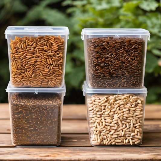 Four containers filled with assorted mealworms and superworms on a wooden table, highlighting options for pet food comparison.
