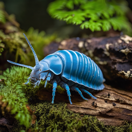 Powder blue isopod on mossy terrain, showcasing its bright exoskeleton and habitat, aligning with beginner care guidelines.