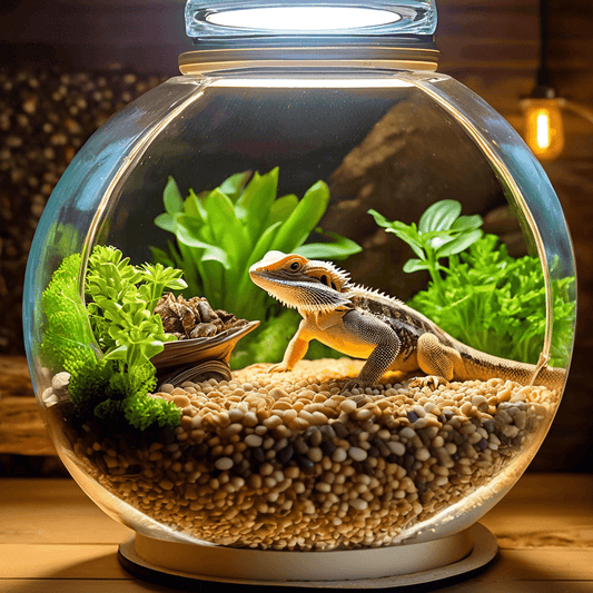 Bearded dragon in terrarium with plants and light, illustrating a habitat setup for feeding super worms, aligning with care tips in the article.