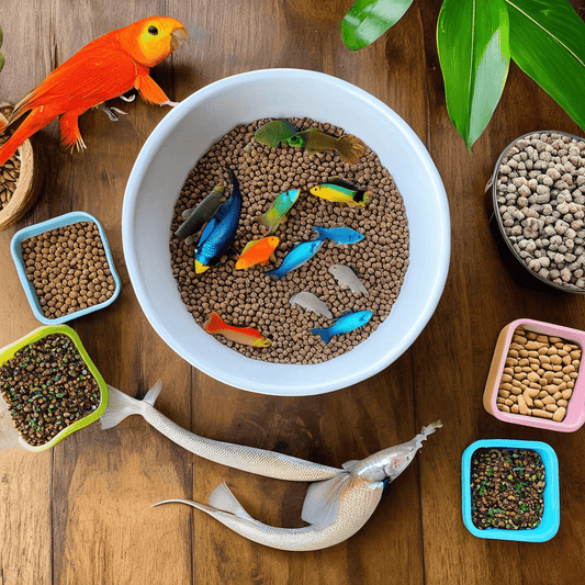 Various colored plastic fish in a white bowl of pellets, surrounded by pet food containers and a decorative orange bird in a pet nutrition setup.