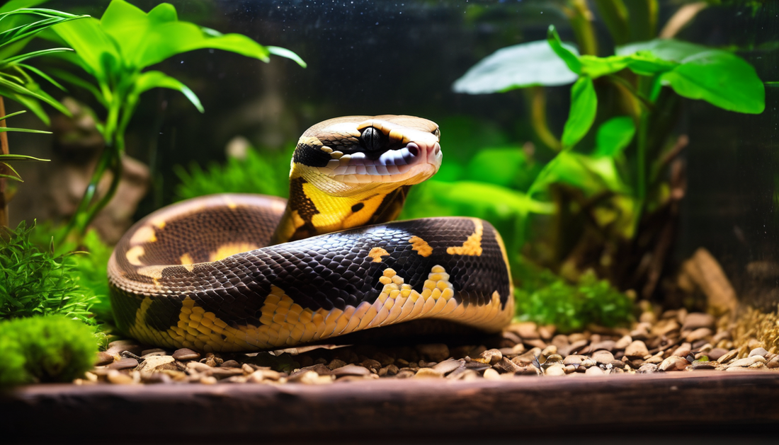 Ball python in a terrarium, coiled on pebbles surrounded by lush green foliage, illustrating proper habitat setup for healthy care.