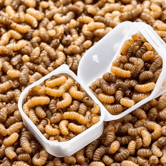 Containers filled with live superworms, showcasing a close-up of smooth, segmented larvae, ideal for feeding reptiles or amphibians.