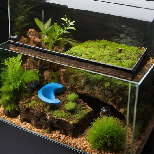 Terrarium setup for powder blue isopods, featuring moss, plants, a water dish, and natural decor on a substrate in a glass enclosure.