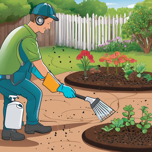 Gardener in protective gear using a rake and sprayer to eliminate ants in a flowerbed, with colorful blooms and a white picket fence in the background.
