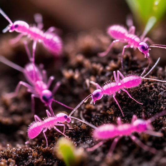 Bright pink springtails on soil, showcasing their vibrant color and detailed features central to the article on these intriguing creatures.