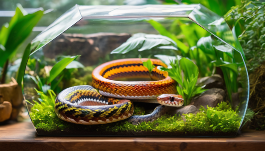 Corn snake in a terrarium with lush greenery, showcasing a proper habitat setup for beginners learning corn snake care.