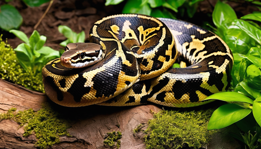 Ball python coiled on mossy log amidst green leaves, illustrating natural habitat setup for beginner care tips in reptile keeping.
