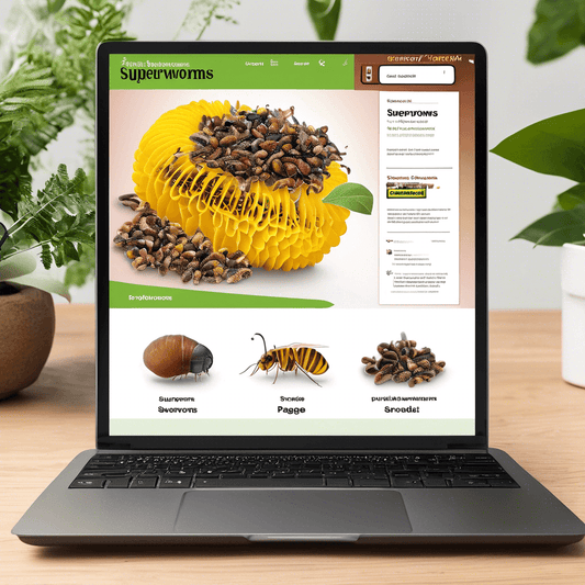 Laptop displaying an online store for superworms, featuring images of worms and lifecycle stages, surrounded by plants, in a beginner's guide context.