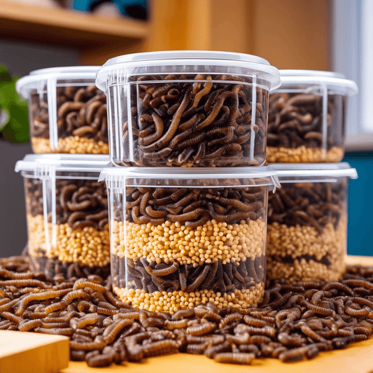 Clear containers filled with superworms and feed pellets on a table, highlighting their availability as high-quality feeder options.