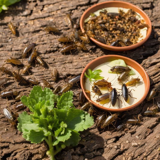 Crickets and discoid roaches in shallow dishes on wood; green plant nearby. Ideal feeder insects comparison for pets.