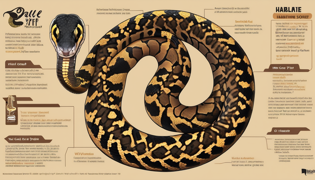 Illustration of a ball python with labeled care tips, showcasing its distinctive patterns and head details, aligned with caring guidelines.