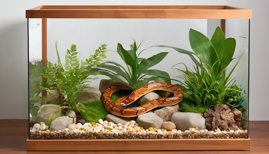 Corn snake in a terrarium with lush plants, rocks, and pebbles, illustrating an ideal habitat for a happy and healthy pet snake.