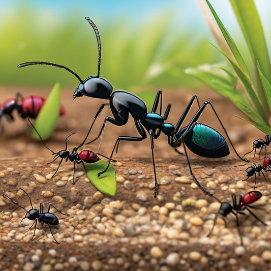Illustration of Bylas ants and springtails interacting on soil, highlighting differences for infestation identification and management.