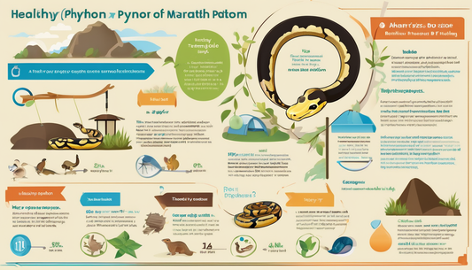 Infographic on ball python care showing tips on habitat setup, feeding, temperature, and handling, with illustrations of pythons and enclosure elements.