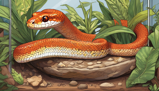 Corn snake coiled on a rock in a terrarium with lush green plants, illustrating ideal habitat setup for beginners.