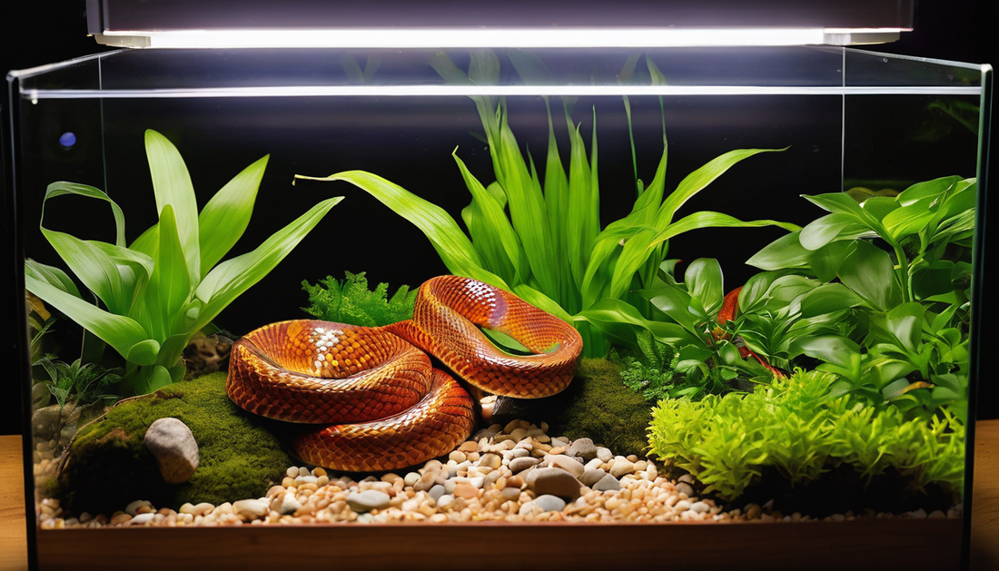 Corn snake in a well-planted terrarium with pebbles, lighting, and greenery, illustrating ideal habitat setup for beginner care.