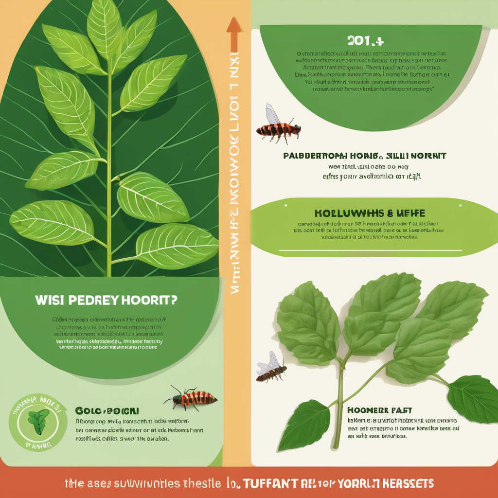 Illustrated comparison of silkworm and hornworm plants with leaves, a worm, and a fly, focusing on care tips for feeding pets.