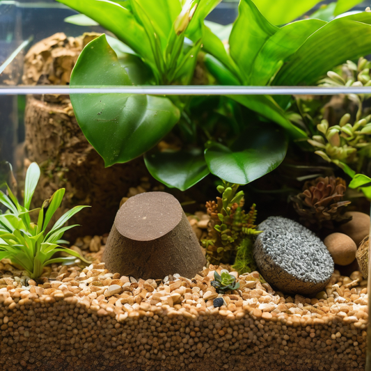 Terrarium setup for dairy cow isopods with lush plants, soil layers, and decorative stones, creating a natural habitat for healthy growth.
