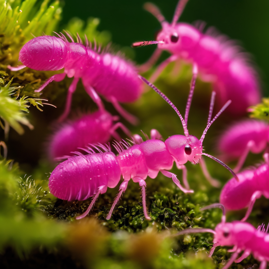 Bright pink springtails on green moss, showcasing their vibrant color and unique form, illustrating their fascinating nature in the article context.