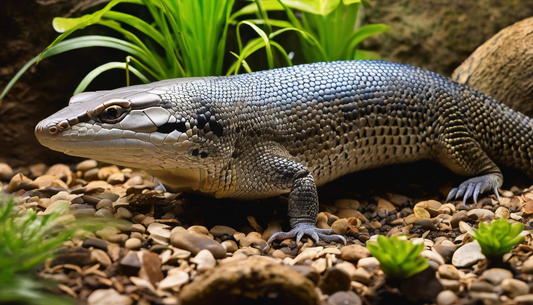 Northern Blue Tongue Skink on rocky substrate, surrounded by greenery in a terrarium setup, illustrating care habitat needs.