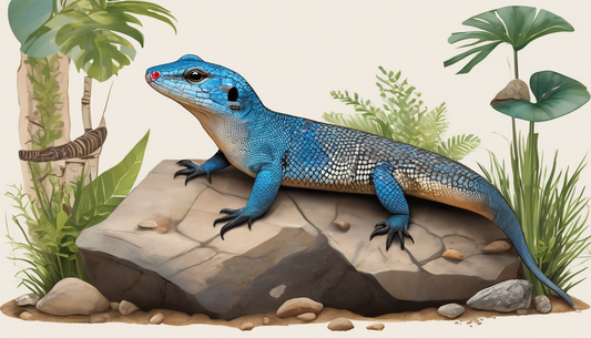 Illustration of a Northern Blue Tongue Skink on a rock surrounded by tropical plants, highlighting its habitat and vibrant blue scales.