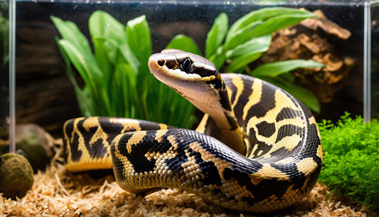 Ball python in a terrarium with wood chip bedding and lush green plants, illustrating ideal habitat setup for beginners.