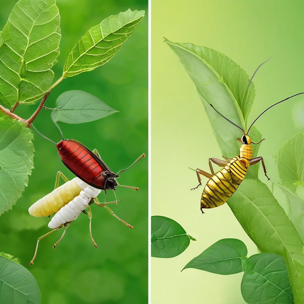Two insects on leaves: a silkworm on the left and a cricket on the right, representing sustainability comparisons in the article.