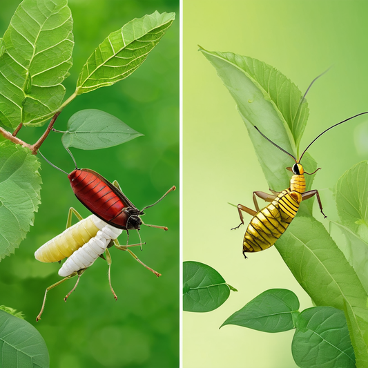Two insects on leaves: a silkworm on the left and a cricket on the right, representing sustainability comparisons in the article.