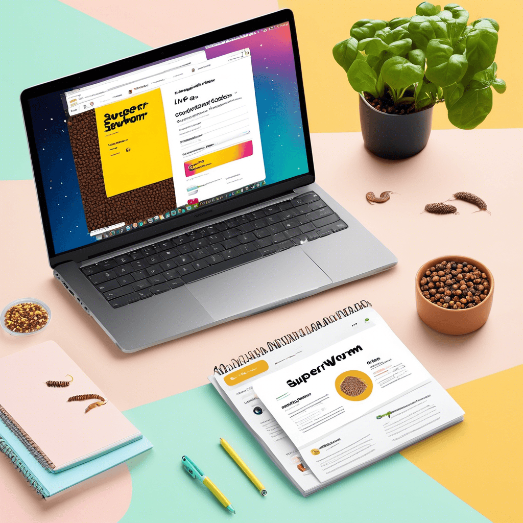 A laptop on a colorful desk displays a superworm ordering site. Nearby are a plant, superworms, and notes, illustrating online purchase steps.