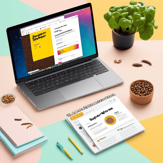A laptop on a colorful desk displays a superworm ordering site. Nearby are a plant, superworms, and notes, illustrating online purchase steps.