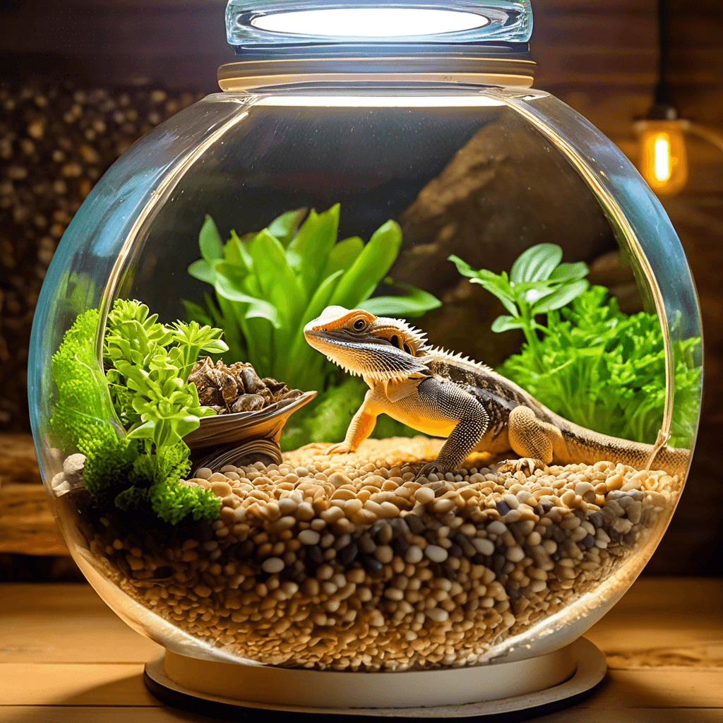 Bearded dragon in terrarium with plants and light, illustrating a habitat setup for feeding super worms, aligning with care tips in the article.
