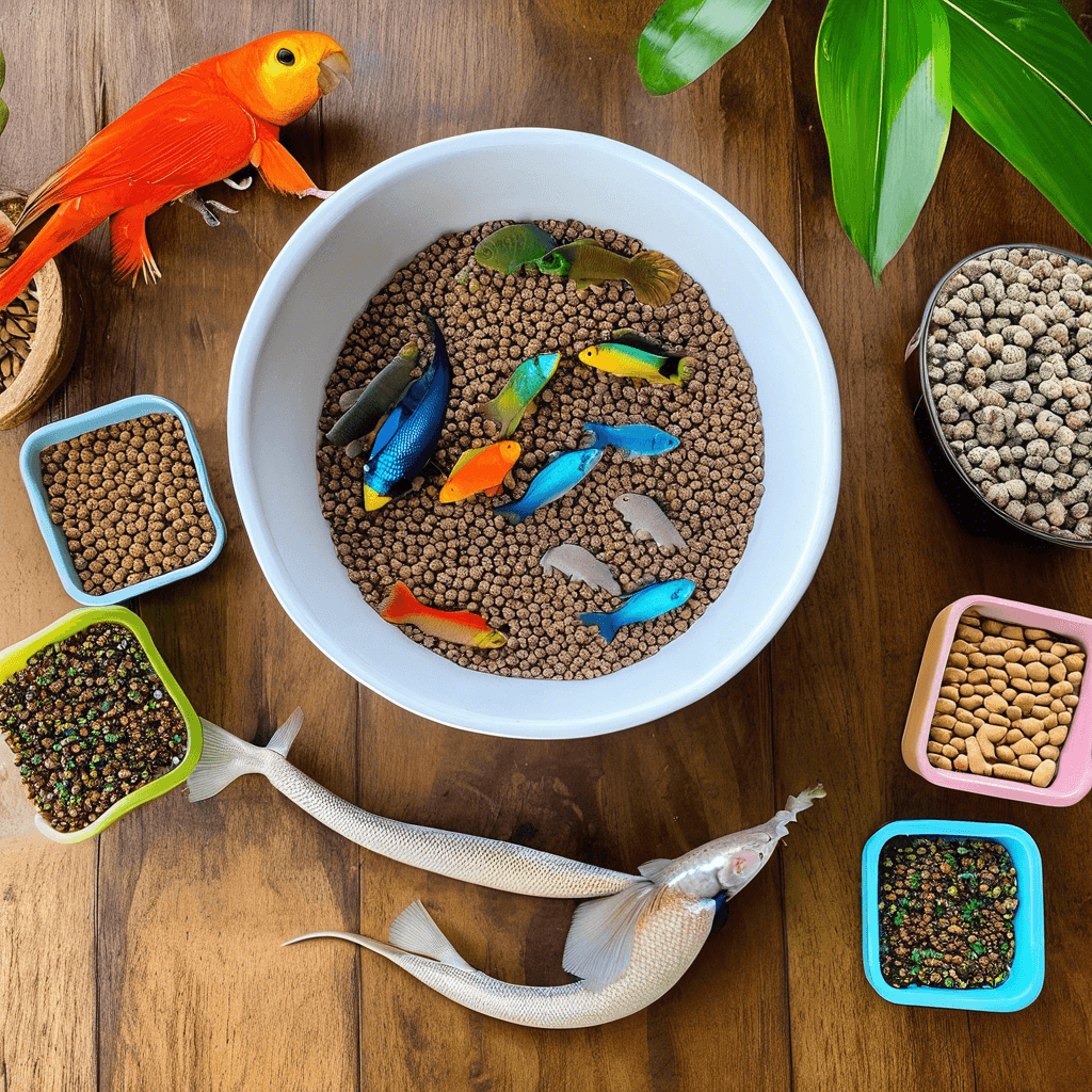 Various colored plastic fish in a white bowl of pellets, surrounded by pet food containers and a decorative orange bird in a pet nutrition setup.