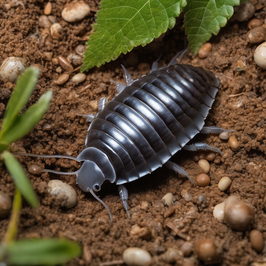 A dairy cow isopod on soil, surrounded by small pebbles and green leaves, showcasing its segmented body under natural habitat conditions.
