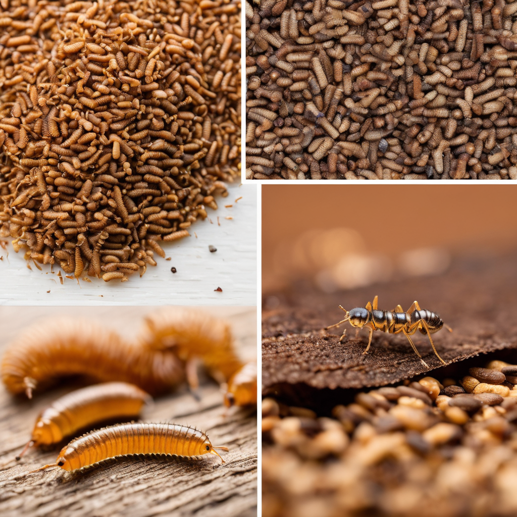 Close-up collage of live feeder insects, mealworms, and roaches from All Angles Creatures.
