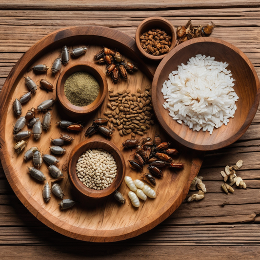 Wooden platter displaying silkworms, crickets, silkworm pupae, cricket powder, and rice—protein sources in a diet comparison.