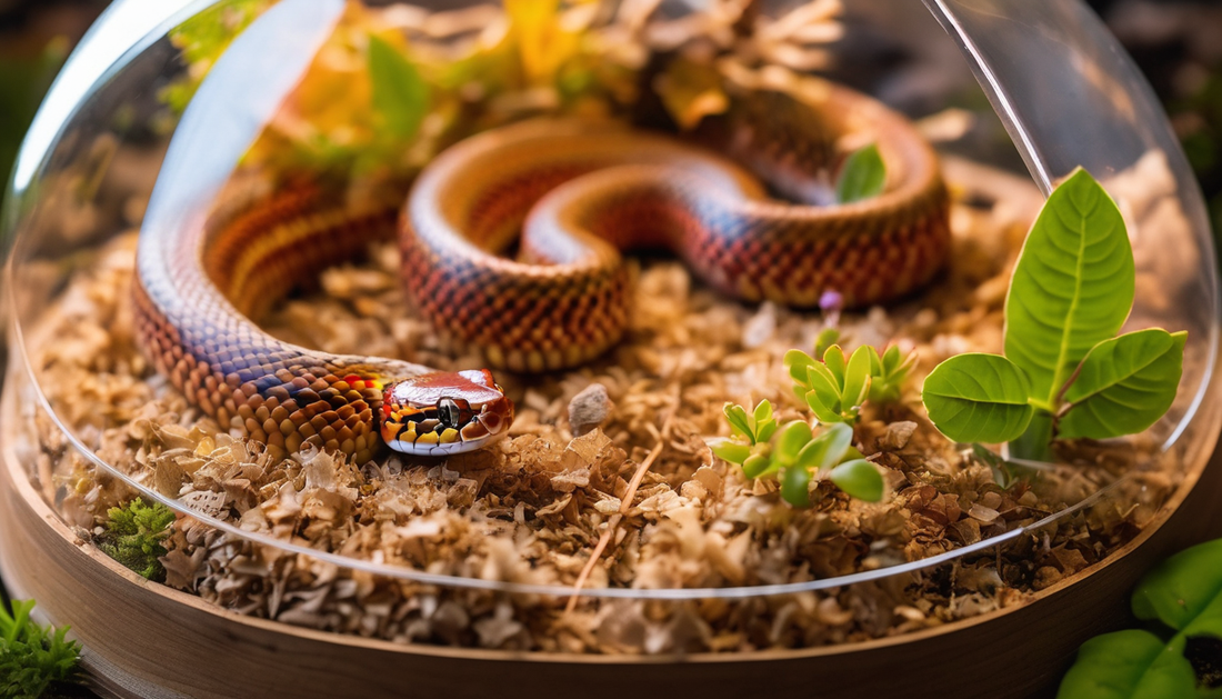 Colorful snake in a terrarium with plants and wood chips at All Angles Creatures.