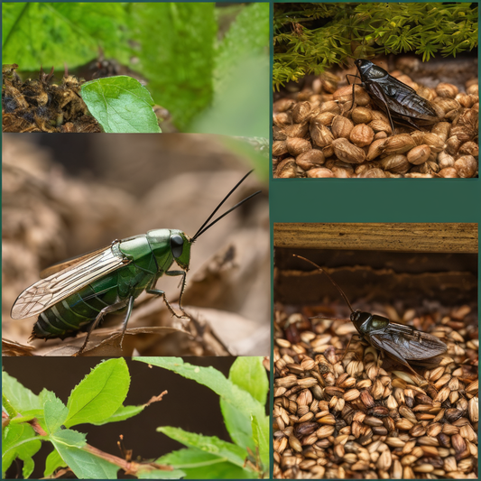 Close-up images of crickets and discoid roaches on natural substrates, highlighting their features, relevant to pet feeding choices.