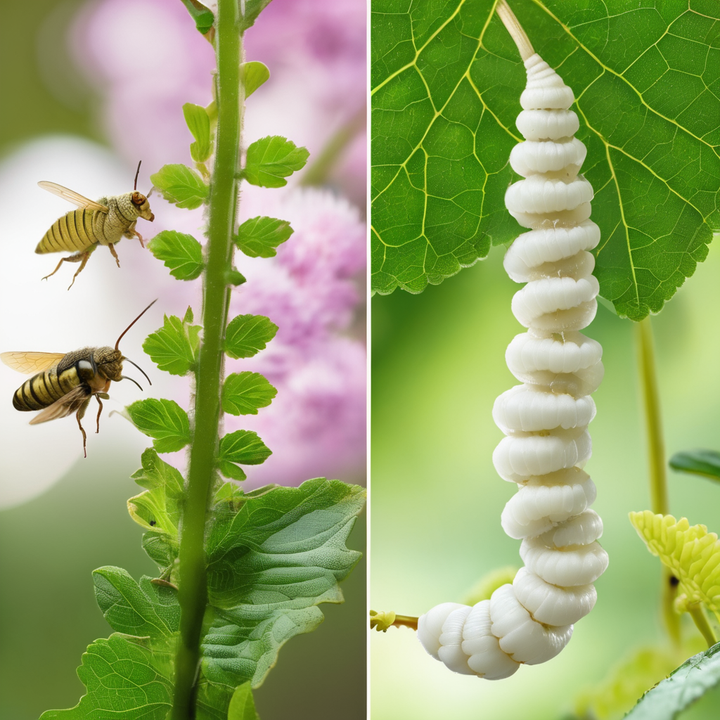 Close-up of bees near green leaves and a white caterpillar hanging from a leaf, premium feeder insects by All Angles Creatures.