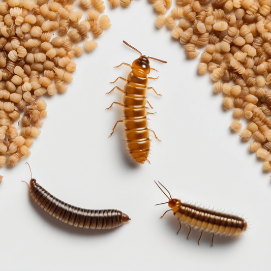 Close-up of mealworms and superworms with grain, illustrating differences for pet owners in choosing suitable food for their pets.