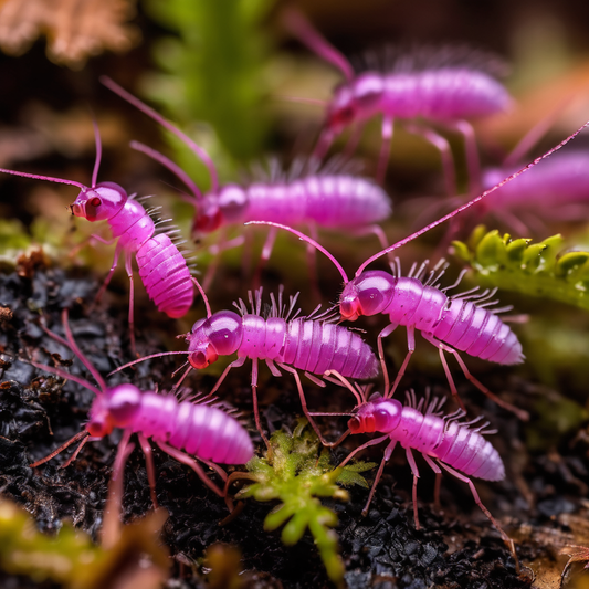 Close-up of vibrant pink springtails clustered on soil with green foliage, illustrating their role as beneficial garden insects.