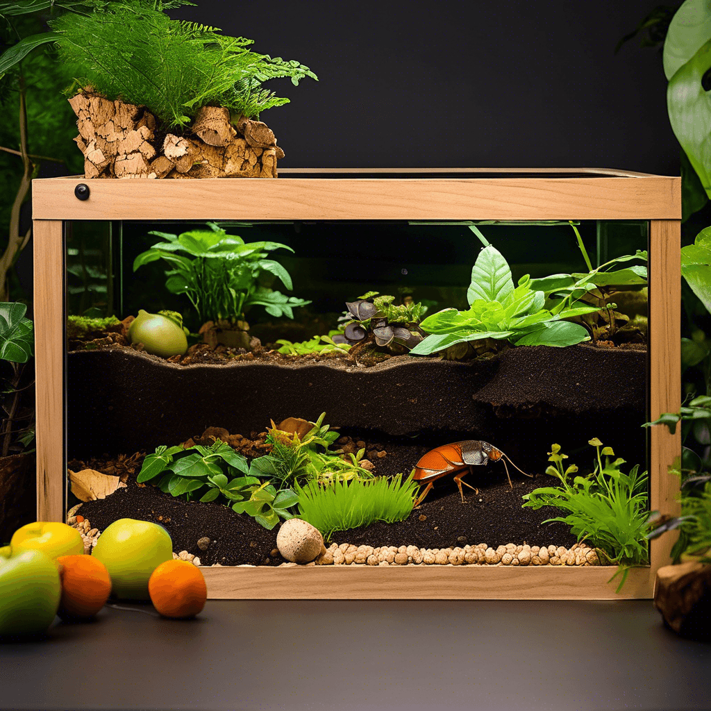 Discoid roach in a planted terrarium with soil, rocks, and fresh fruit at All Angles Creatures.