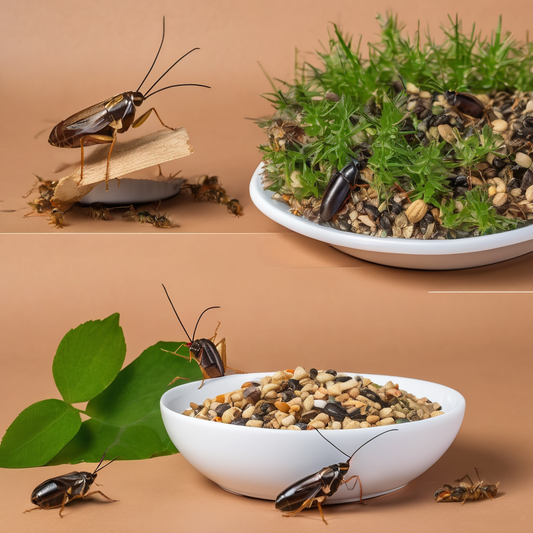 Discoid roaches interacting with natural materials and seeds in bowls, highlighting their use as pet feeders over crickets.