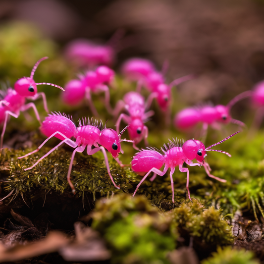 Bright pink springtails with spiky bodies and antennae crawl over mossy terrain, showcasing their vibrant color and unique features.